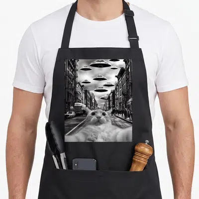 Tablier de cuisine noir avec illustration d'un chat faisant un selfie devant des vaisseaux spatiaux flottant au-dessus d'une rue urbaine.