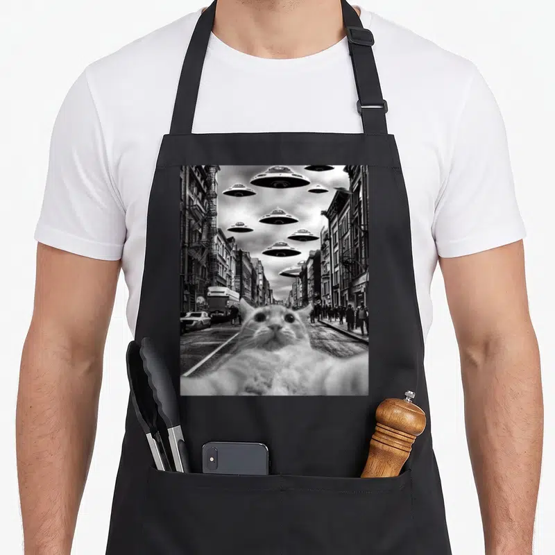 Tablier de cuisine noir avec illustration d'un chat faisant un selfie devant des vaisseaux spatiaux flottant au-dessus d'une rue urbaine.