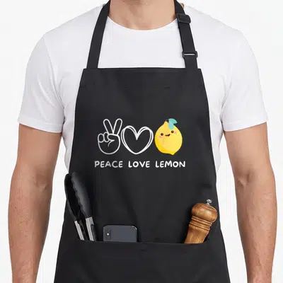 Tablier de cuisine noir avec un citron jaune souriant, une main faisant la paix et un cœur blanc.