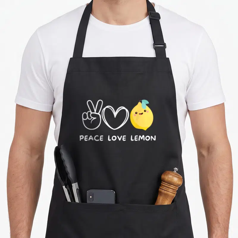 Tablier de cuisine noir avec un citron jaune souriant, une main faisant la paix et un cœur blanc.