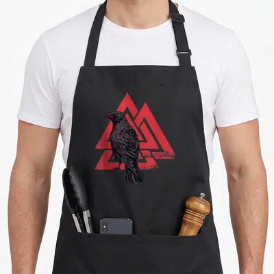 Tablier de cuisine noir avec un corbeau noir sur un triangle rouge Valknut viking en arrière-plan.