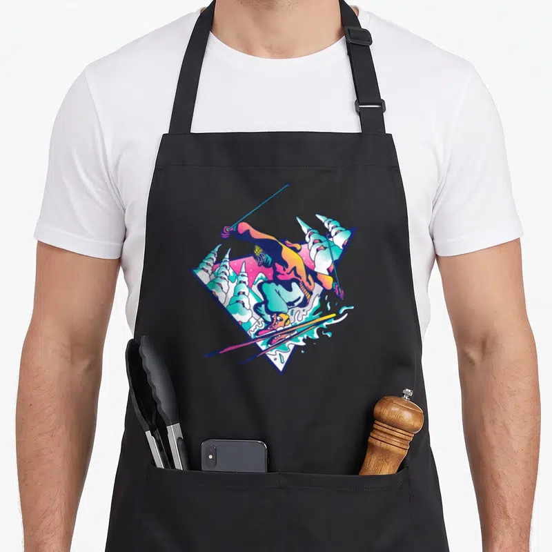 Tablier de cuisine noir avec illustration d'un skieur en style vaporwave et couleurs synthétiques.