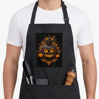 Tablier de cuisine noir avec citrouille steampunk Halloween rétro ornée d'une couronne et de flammes oranges.