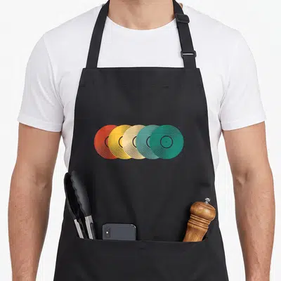 Tablier de cuisine noir avec cinq disques vinyles rétro colorés alignés horizontalement au centre.