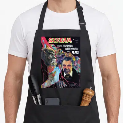 Tablier de cuisine noir avec reproduction d'une couverture de comic book horreur vintage montrant un loup-garou et un vampire.