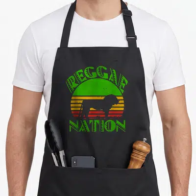 Tablier de cuisine noir avec illustration d'un lion au soleil vert jaune rouge et texte Reggae Nation rétro.