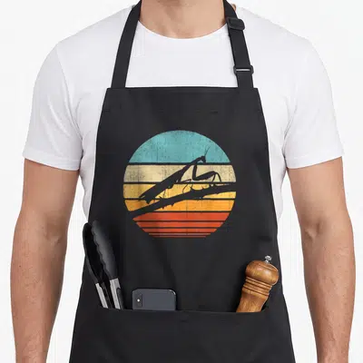 Tablier de cuisine noir avec illustration circulaire d'une mante religieuse sur fond de soleil couchant multicolore style rétro.