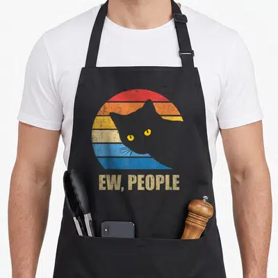 Tablier de cuisine noir avec silhouette de chat rétro et texte « Ew, Gens » en bas.