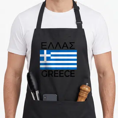 Tablier de cuisine noir avec le drapeau grec et les mots ELLAS GREECE en lettres noires sur fond uni.