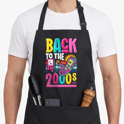 Tablier de cuisine noir avec illustration colorée d'un téléphone flip rose et un lecteur MP3 rétro.