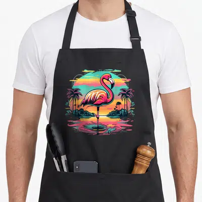 Tablier de cuisine noir avec illustration colorée d'un flamant rose au coucher du soleil entre des palmiers dans un style aquarelle rétro.