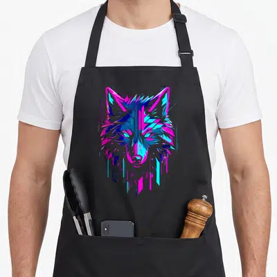 Tablier de cuisine noir avec illustration d'un loup cyberpunk aux teintes roses et bleues néon.