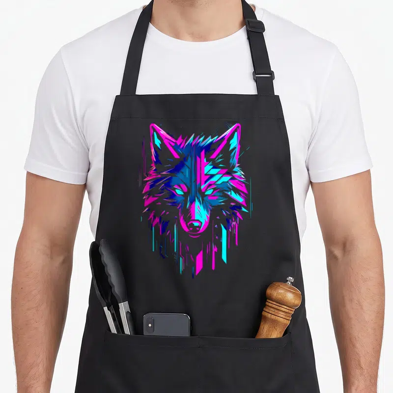 Tablier de cuisine noir avec illustration d'un loup cyberpunk aux teintes roses et bleues néon.