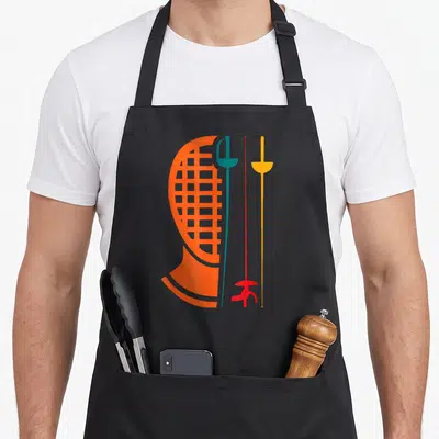 Tablier de cuisine noir avec illustration d'un masque d'escrime orange et de trois épées stylisées vertes, rouges et jaunes.
