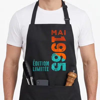Tablier de cuisine noir avec inscription verticale Depuis mai 1965 Vintage en orange et turquoise.