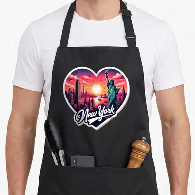 Tablier de cuisine noir avec illustration d'un cœur rose contenant la Statue de la Liberté et le texte New York en lettres blanches.