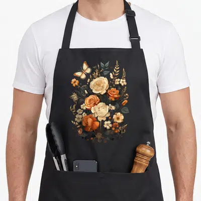 Tablier de cuisine noir avec composition florale vintage rose orange et papillon doré au centre.