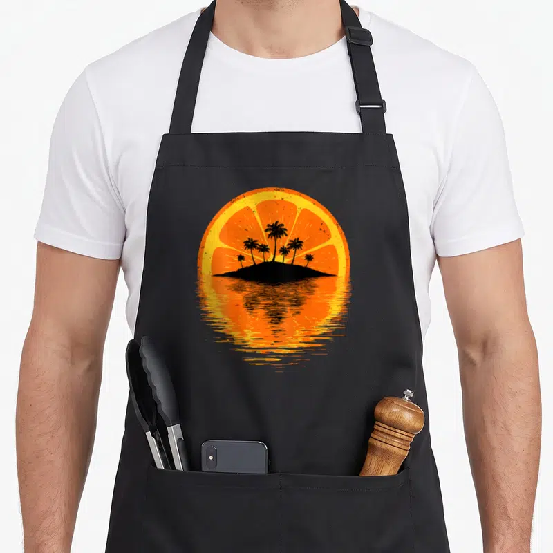 Tablier de cuisine noir avec illustration orange d'un coucher de soleil en tranche de fruit et silhouettes de palmiers sur une île.