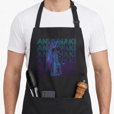 Tablier de cuisine noir avec illustration d'un dieu Anunnaki et texte répété en dégradé cyan et violet.