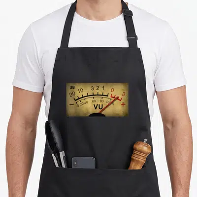 Tablier de cuisine noir avec un cadran VU-mètre vintage sépia et une aiguille rouge indiquant les décibelles.