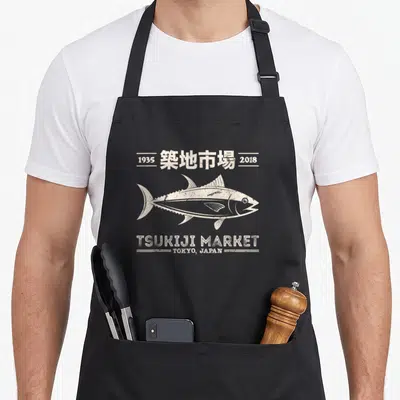 Tablier de cuisine noir avec illustration rétro d'un thon et texte Tsukiji Market Tokyo Japan en beige.