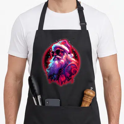 Tablier de cuisine noir avec illustration colorée d'un Père Noël portant des lunettes noires dans un style néon rétro.