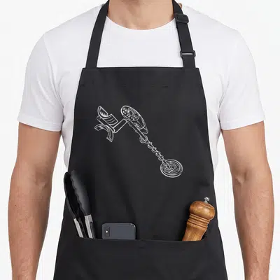 Tablier de cuisine noir avec illustration blanche d'un détecteur de métaux au design vieilli et détaillé.