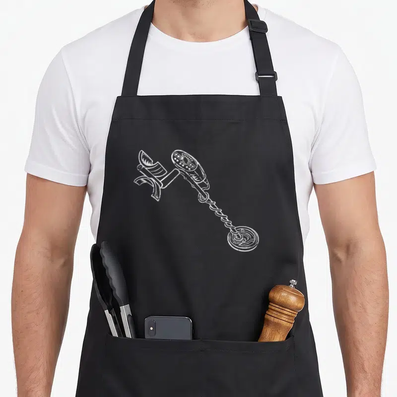 Tablier de cuisine noir avec illustration blanche d'un détecteur de métaux au design vieilli et détaillé.