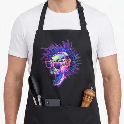 Tablier de cuisine noir avec illustration colorée d'un crâne punk coiffé d'un mohawk et équipé d'un casque audio rétro.