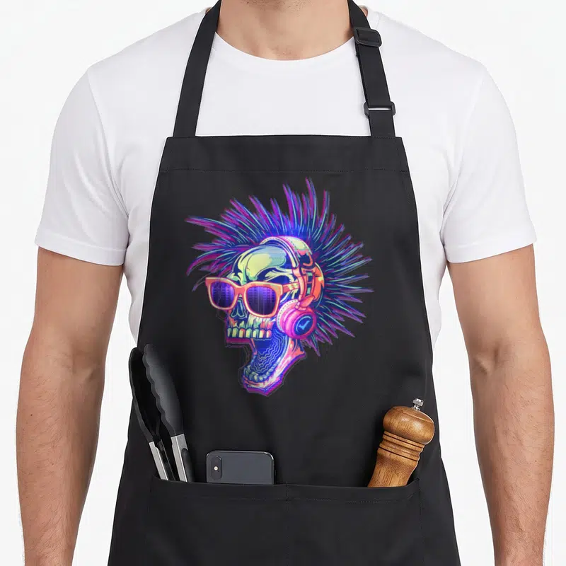 Tablier de cuisine noir avec illustration colorée d'un crâne punk coiffé d'un mohawk et équipé d'un casque audio rétro.