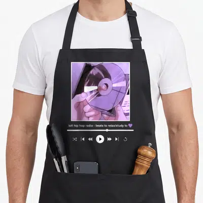 Tablier de cuisine noir avec illustration violette d'une main tenant un CD et interface musicale.
