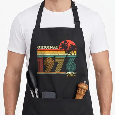 Tablier de cuisine noir avec motif rétro 1976 Original Limited Edition et soleil aux palmiers
