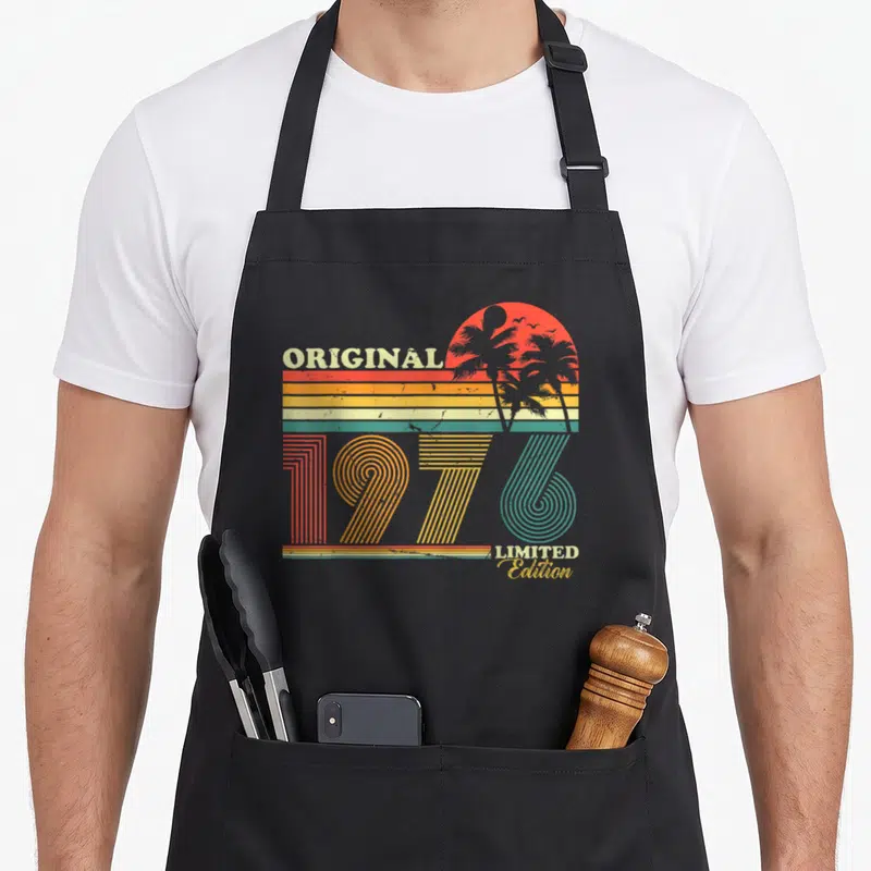Tablier de cuisine noir avec motif rétro 1976 Original Limited Edition et soleil aux palmiers