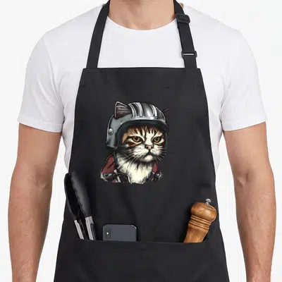 Tablier de cuisine noir avec illustration d'un chat portant un casque de moto vintage gris et blanc.