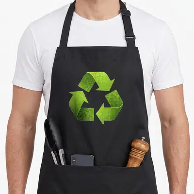 Tablier de cuisine noir avec un grand symbole de recyclage vert rempli de motifs floraux sombres sur les flèches.