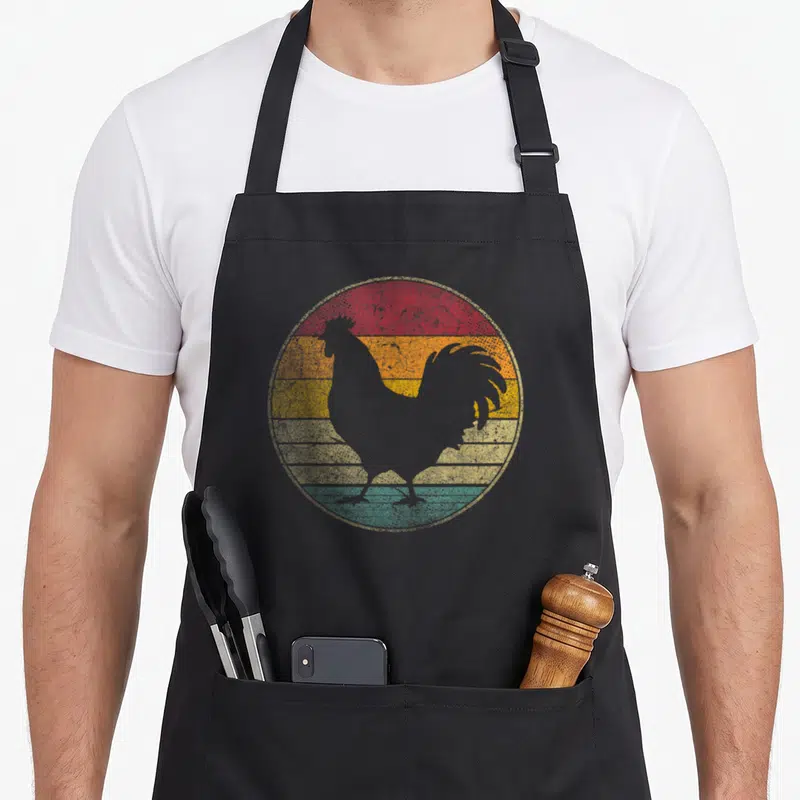 Tablier de cuisine noir avec silhouette de coq rétro sur fond de soleil couchant multicolore.