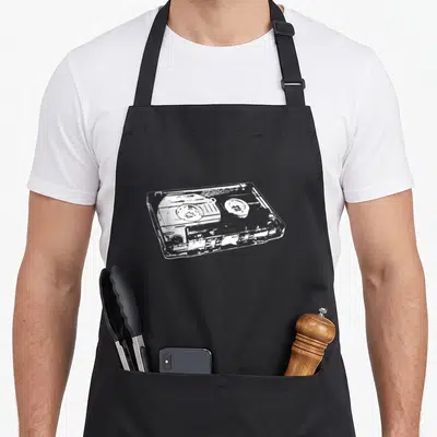 Tablier de cuisine noir avec illustration blanche d'une cassette audio rétro au centre.