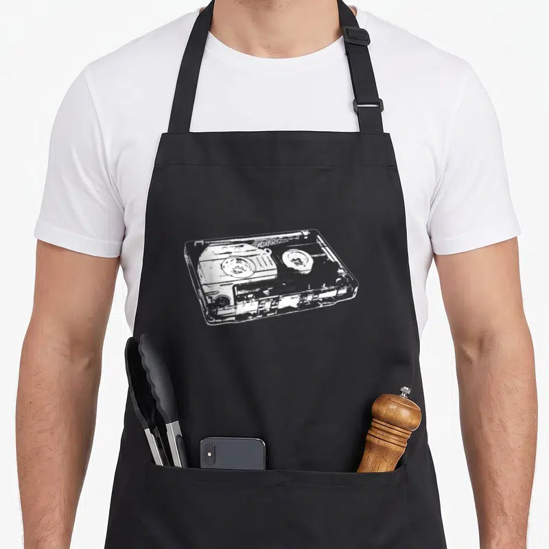 Tablier de cuisine noir avec illustration blanche d'une cassette audio rétro au centre.