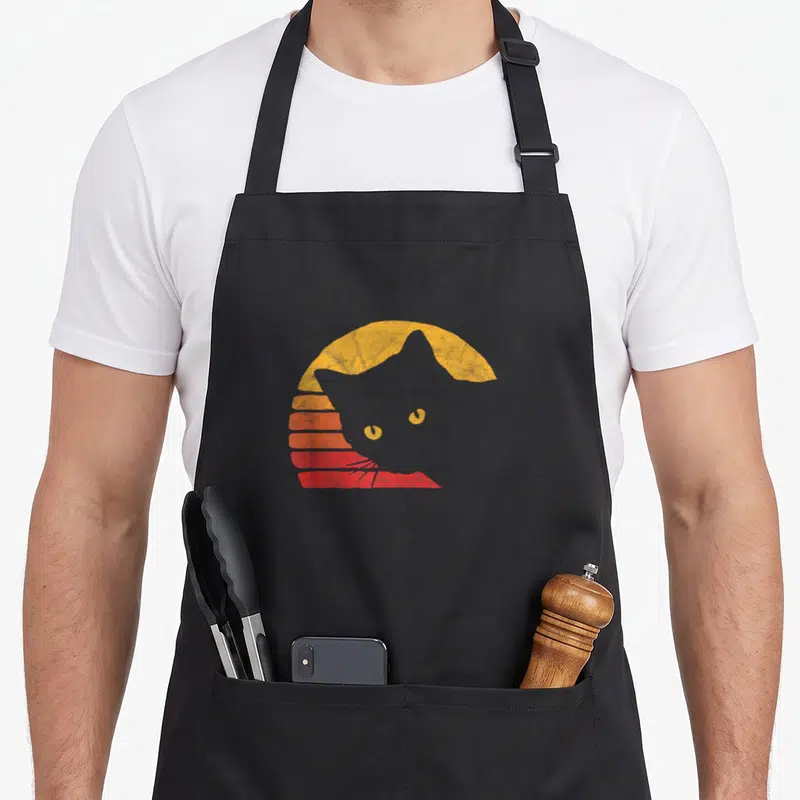 Tablier de cuisine noir avec silhouette de chat jaune et soleil rayé orange rouge style années 80