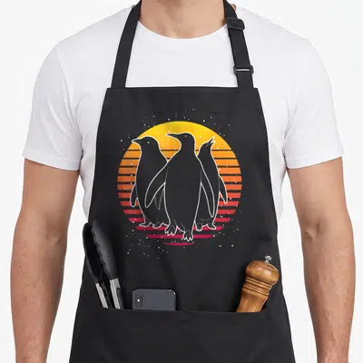 Tablier de cuisine noir avec illustration de trois pingouins gris sur fond de soleil rayé orange et rouge.