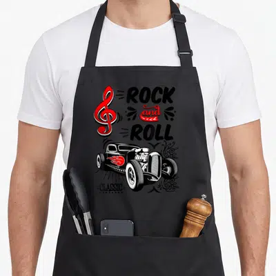 Tablier de cuisine noir avec illustration hot rod flammes rouge et texte Rock and Roll Classic