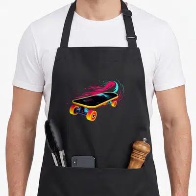 Tablier de cuisine noir avec illustration colorée d'un skateboard rétro aux roues orange et traînées roses et bleues.