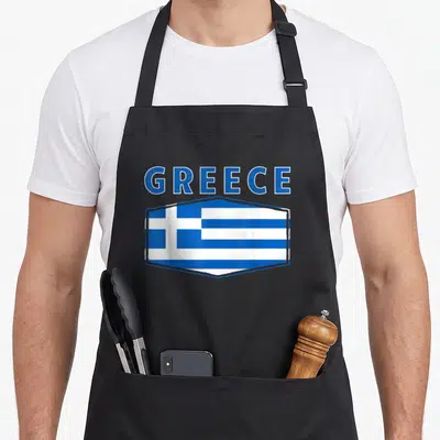 Tablier de cuisine noir avec l'inscription GREECE et le drapeau grec en forme décusson.