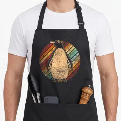 Tablier de cuisine noir avec illustration retro pingouin sur fond de cercle rayé multicolore