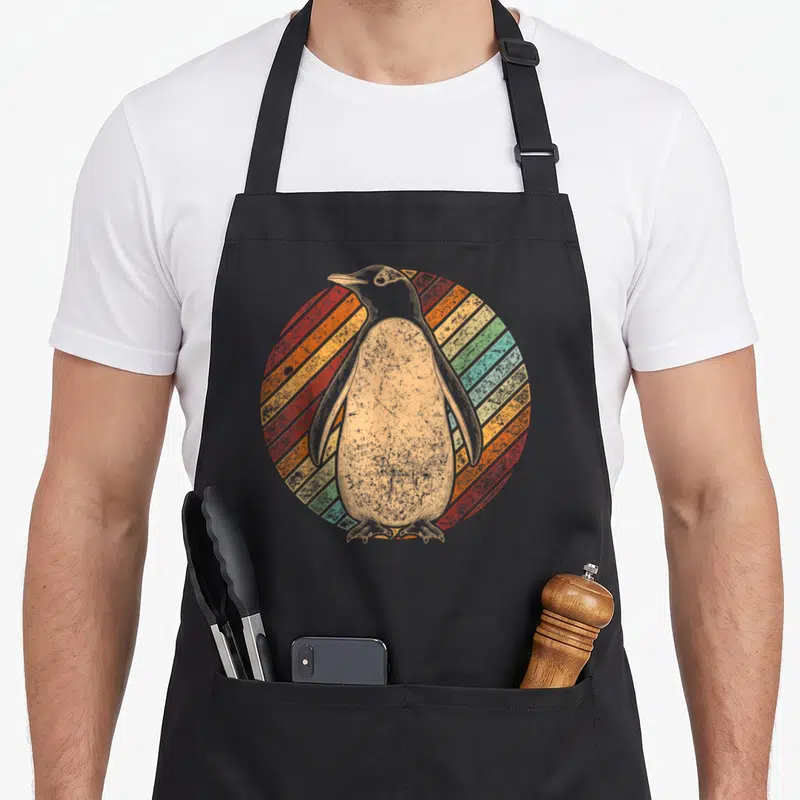 Tablier de cuisine noir avec illustration retro pingouin sur fond de cercle rayé multicolore