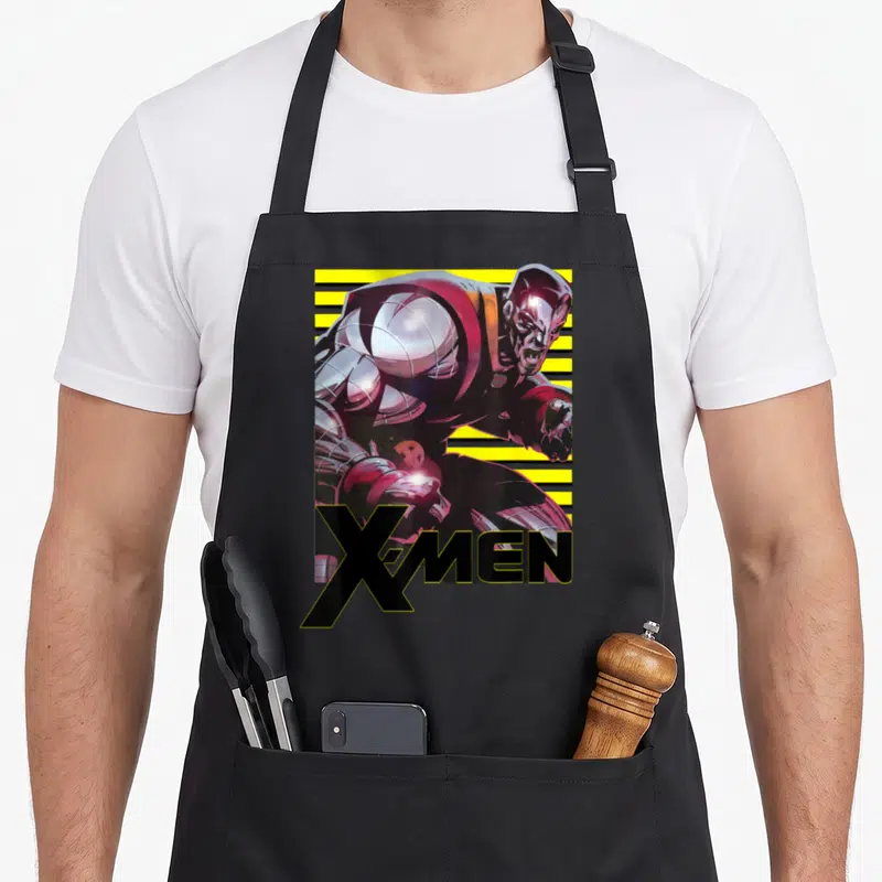 Tablier de cuisine noir avec illustration rétro de Colossus X-Men sur fond de bandes jaunes.