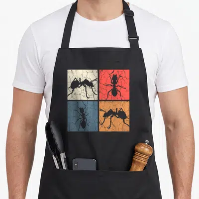 Tablier de cuisine noir avec quatre cases colorées affichant des silhouettes de fourmis sur fond craquelé retro pop art.