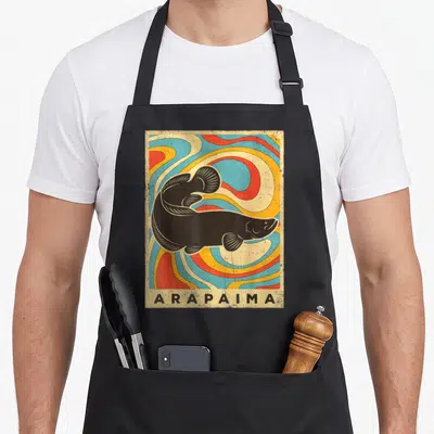 Tablier de cuisine noir avec illustration rétro d'un poisson Arapaima sur fond de vagues colorées.