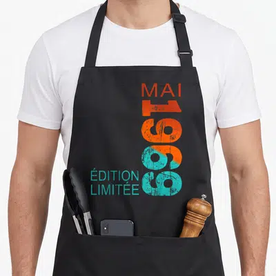 Tablier de cuisine noir avec typographie verticale Mai 1969 en orange et turquoise et texte « Édition Limitée » en bas à gauche.
