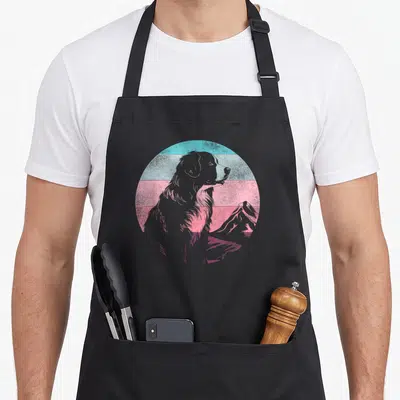 Tablier de cuisine noir avec illustration circulaire d'un chien Bouvier Bernois sur fond de montagnes aux couleurs pastel rétro.